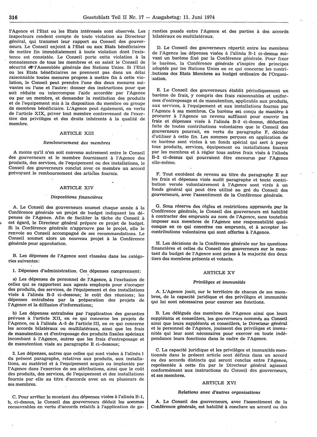 Gesetzblatt (GBl.) der Deutschen Demokratischen Republik (DDR) Teil ⅠⅠ 1974, Seite 316 (GBl. DDR ⅠⅠ 1974, S. 316)