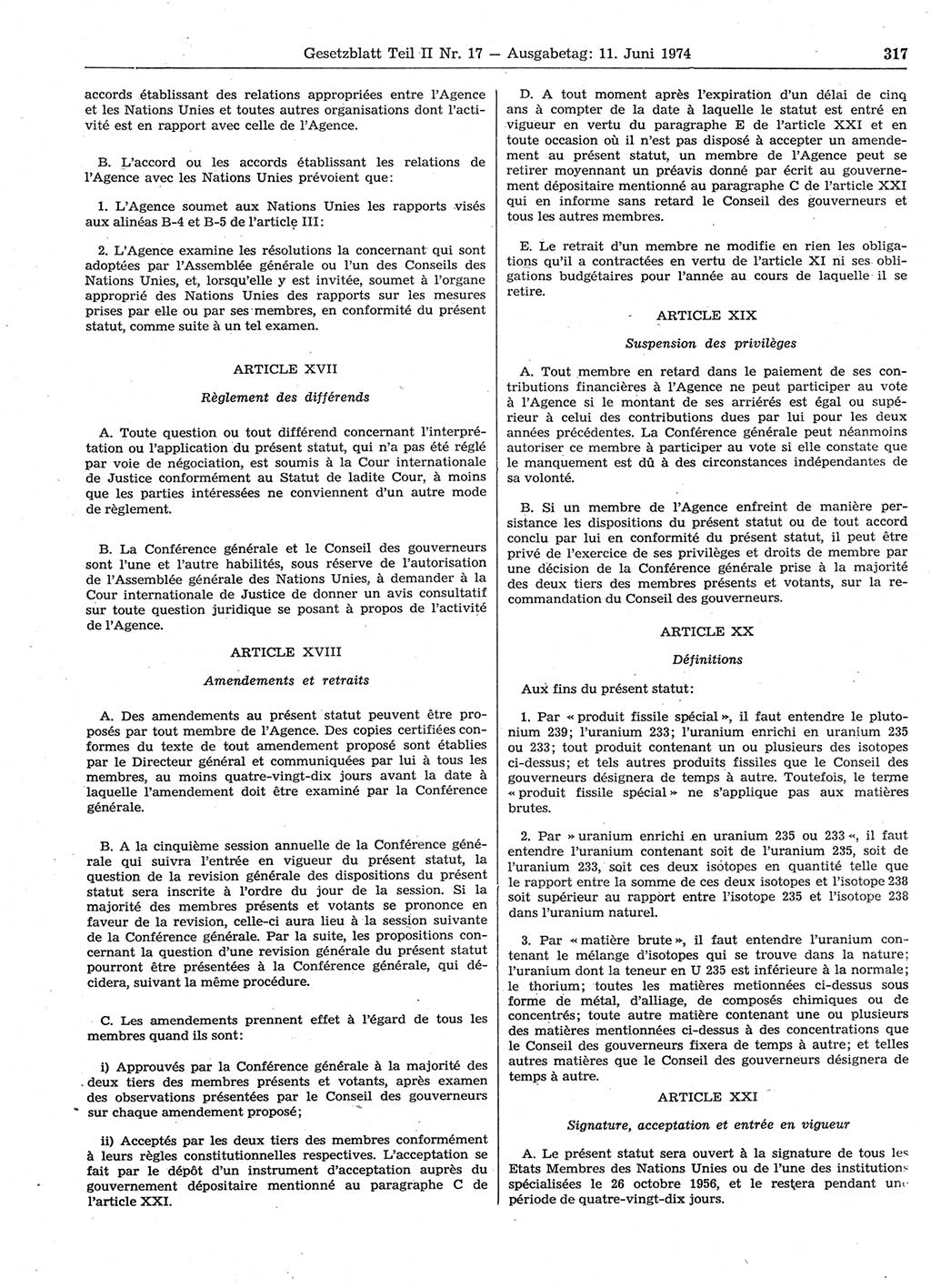 Gesetzblatt (GBl.) der Deutschen Demokratischen Republik (DDR) Teil ⅠⅠ 1974, Seite 317 (GBl. DDR ⅠⅠ 1974, S. 317)