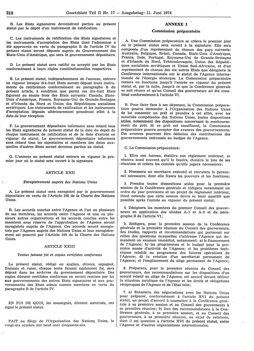 Gesetzblatt (GBl.) der Deutschen Demokratischen Republik (DDR) Teil ⅠⅠ 1974, Seite 318 (GBl. DDR ⅠⅠ 1974, S. 318)