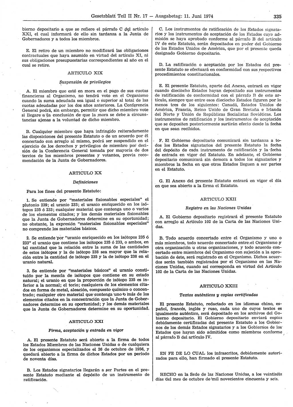Gesetzblatt (GBl.) der Deutschen Demokratischen Republik (DDR) Teil ⅠⅠ 1974, Seite 335 (GBl. DDR ⅠⅠ 1974, S. 335)