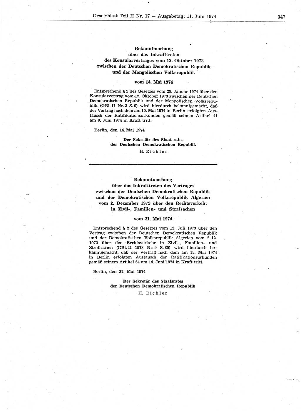 Gesetzblatt (GBl.) der Deutschen Demokratischen Republik (DDR) Teil ⅠⅠ 1974, Seite 347 (GBl. DDR ⅠⅠ 1974, S. 347)