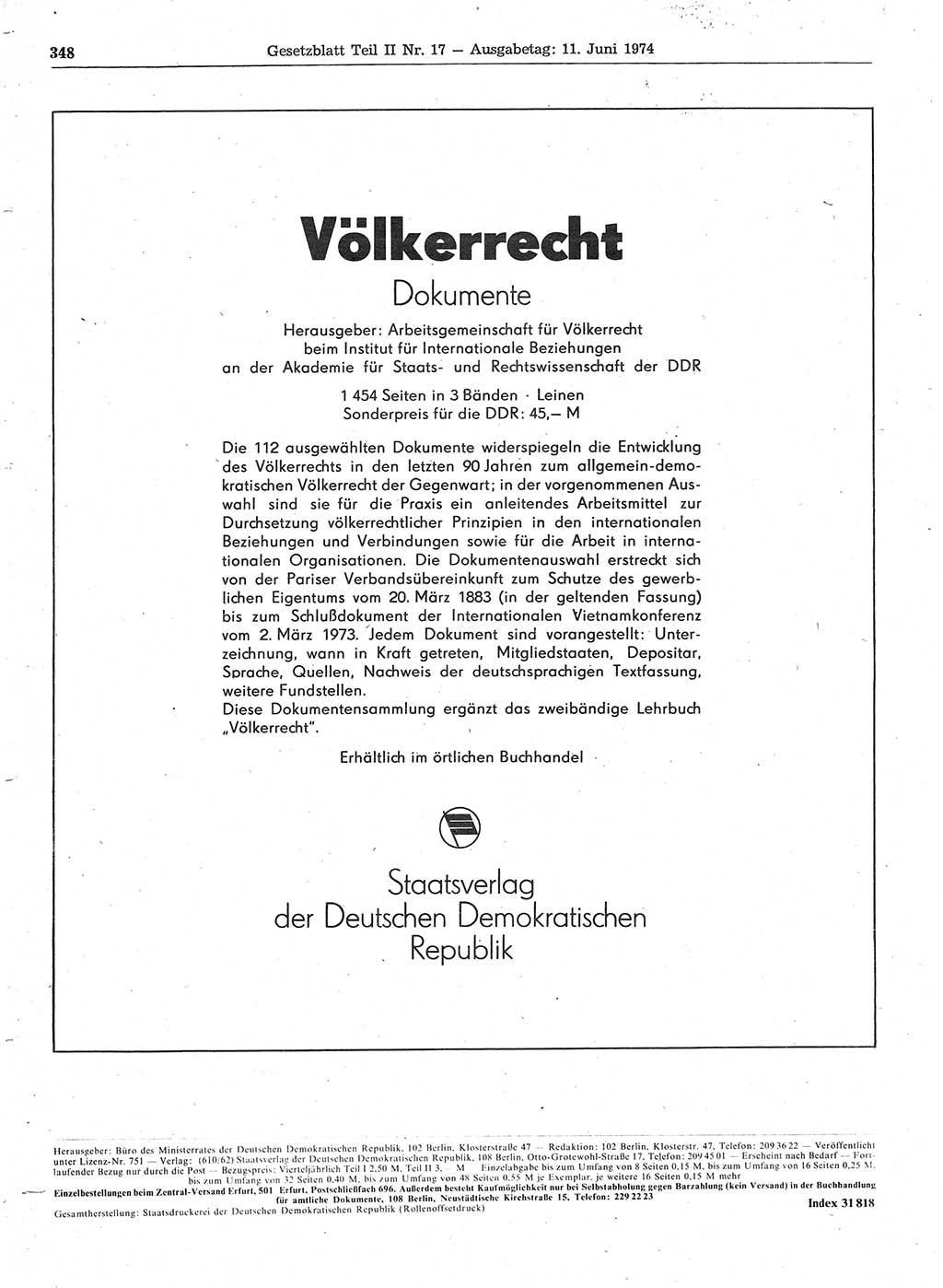 Gesetzblatt (GBl.) der Deutschen Demokratischen Republik (DDR) Teil ⅠⅠ 1974, Seite 348 (GBl. DDR ⅠⅠ 1974, S. 348)