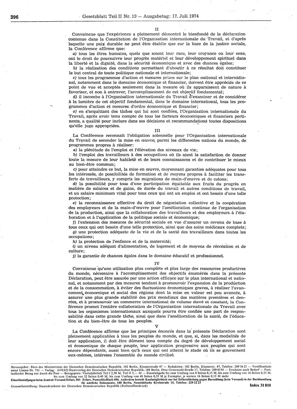 Gesetzblatt (GBl.) der Deutschen Demokratischen Republik (DDR) Teil ⅠⅠ 1974, Seite 396 (GBl. DDR ⅠⅠ 1974, S. 396)
