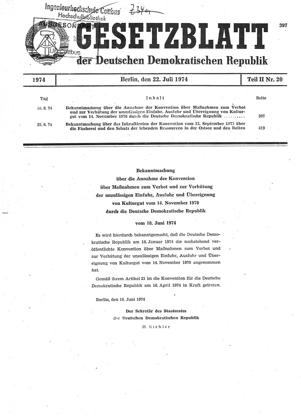 Gesetzblatt (GBl.) der Deutschen Demokratischen Republik (DDR) Teil ⅠⅠ 1974, Seite 397 (GBl. DDR ⅠⅠ 1974, S. 397)