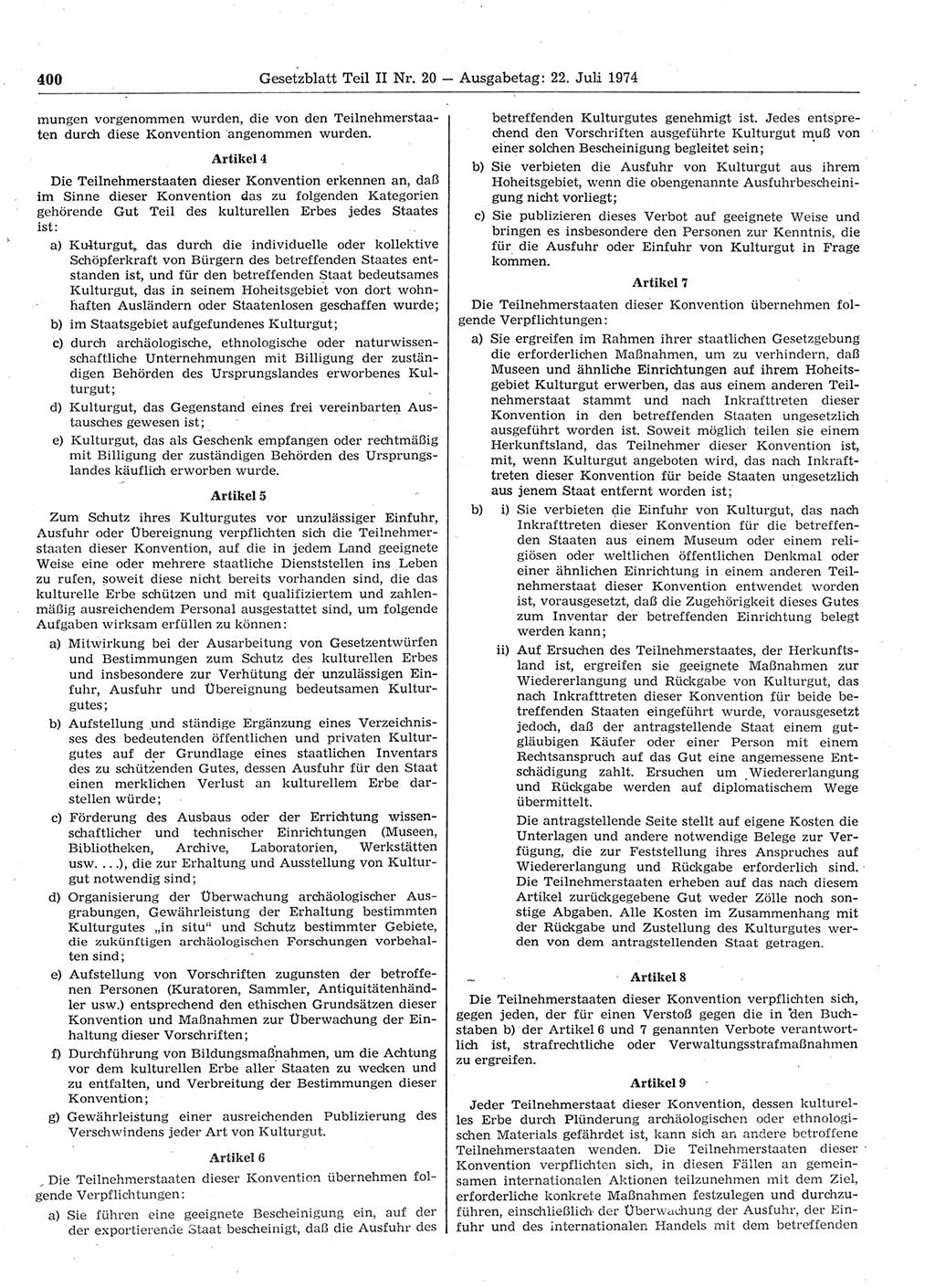 Gesetzblatt (GBl.) der Deutschen Demokratischen Republik (DDR) Teil ⅠⅠ 1974, Seite 400 (GBl. DDR ⅠⅠ 1974, S. 400)