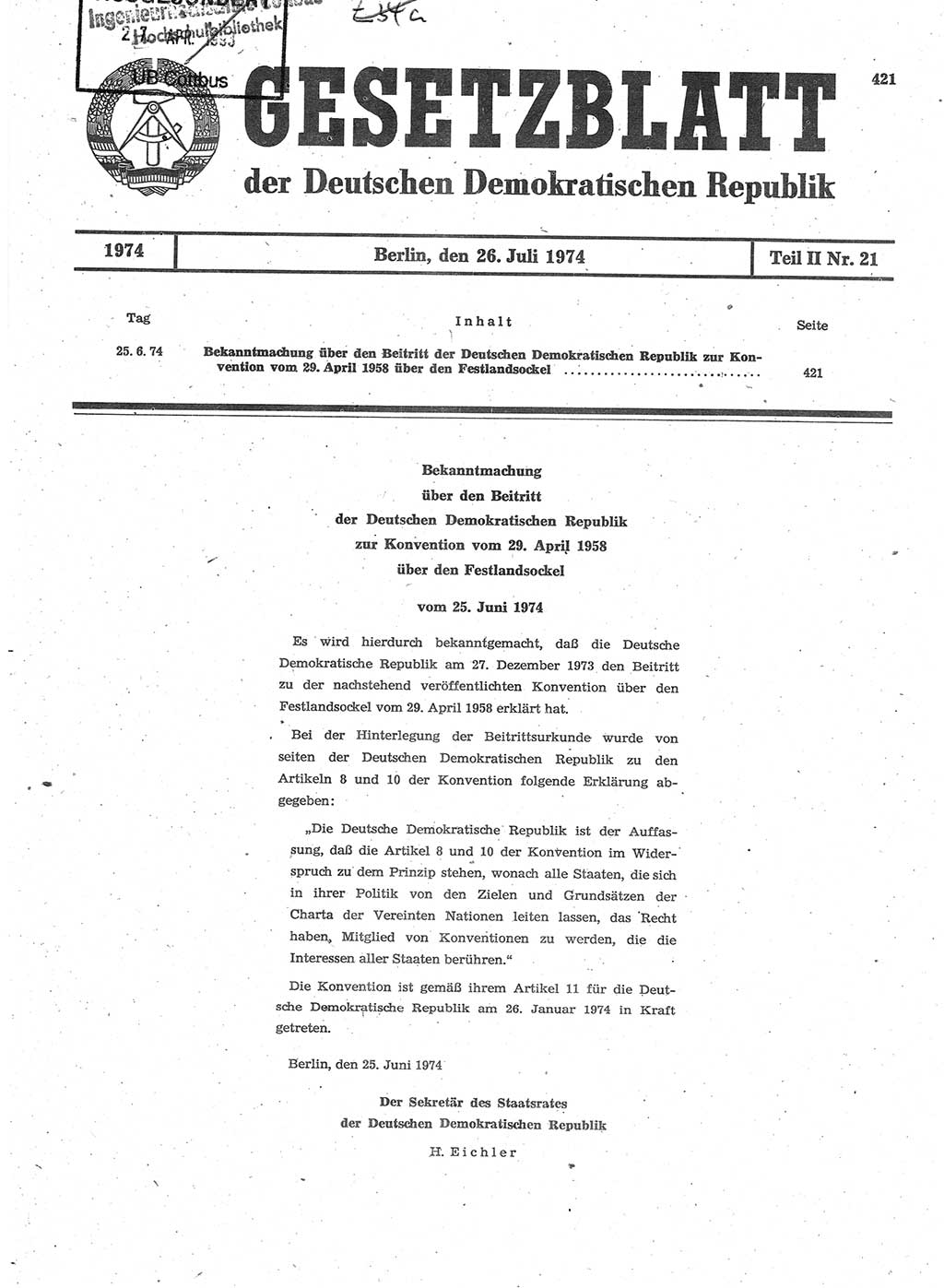 Gesetzblatt (GBl.) der Deutschen Demokratischen Republik (DDR) Teil ⅠⅠ 1974, Seite 421 (GBl. DDR ⅠⅠ 1974, S. 421)