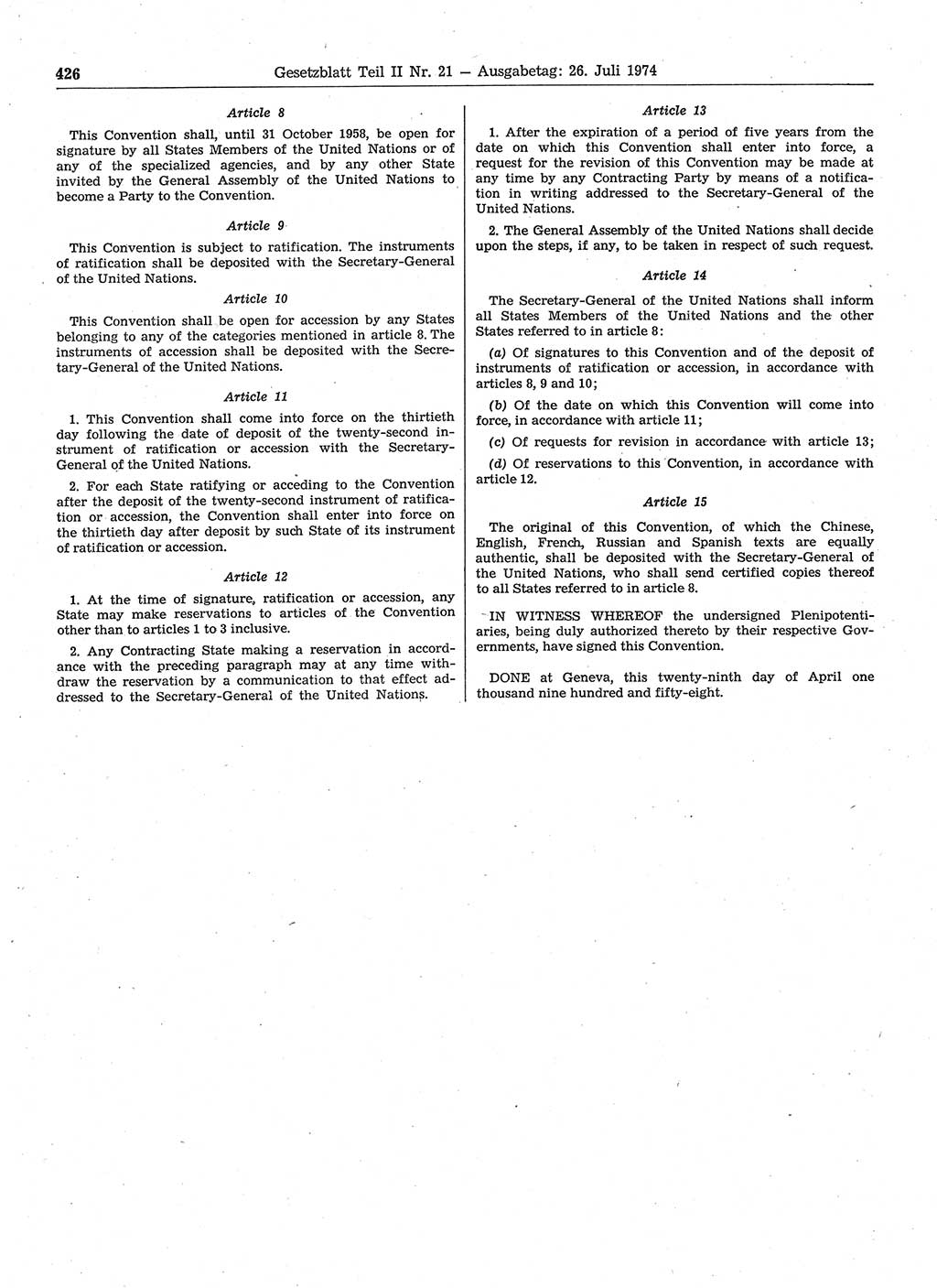 Gesetzblatt (GBl.) der Deutschen Demokratischen Republik (DDR) Teil ⅠⅠ 1974, Seite 426 (GBl. DDR ⅠⅠ 1974, S. 426)