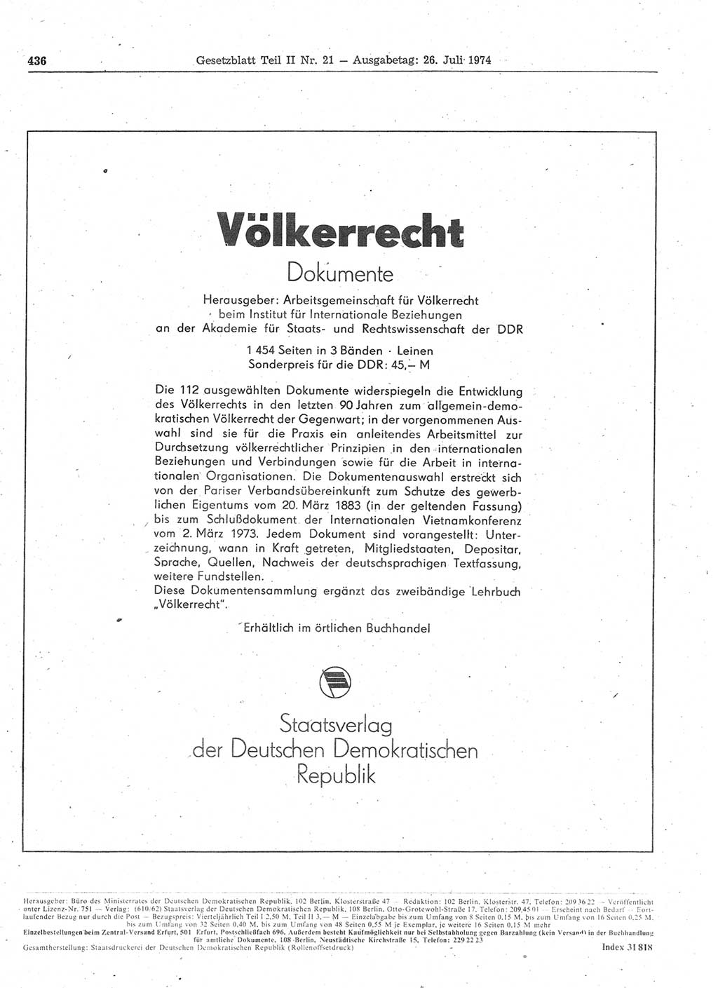 Gesetzblatt (GBl.) der Deutschen Demokratischen Republik (DDR) Teil ⅠⅠ 1974, Seite 436 (GBl. DDR ⅠⅠ 1974, S. 436)