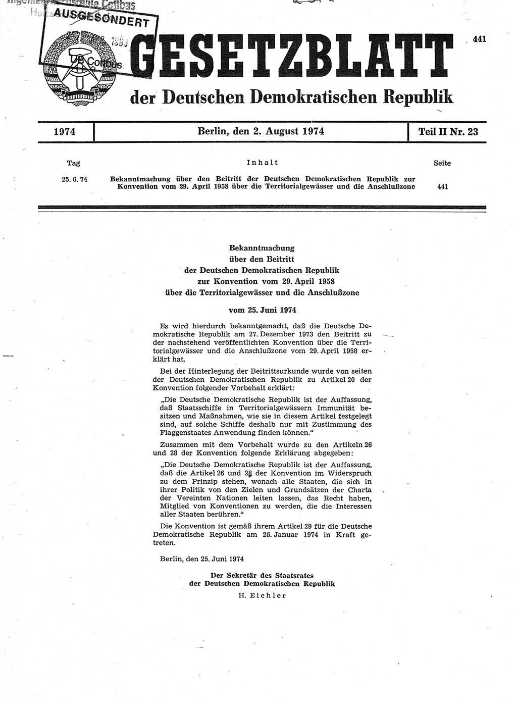 Gesetzblatt (GBl.) der Deutschen Demokratischen Republik (DDR) Teil ⅠⅠ 1974, Seite 441 (GBl. DDR ⅠⅠ 1974, S. 441)