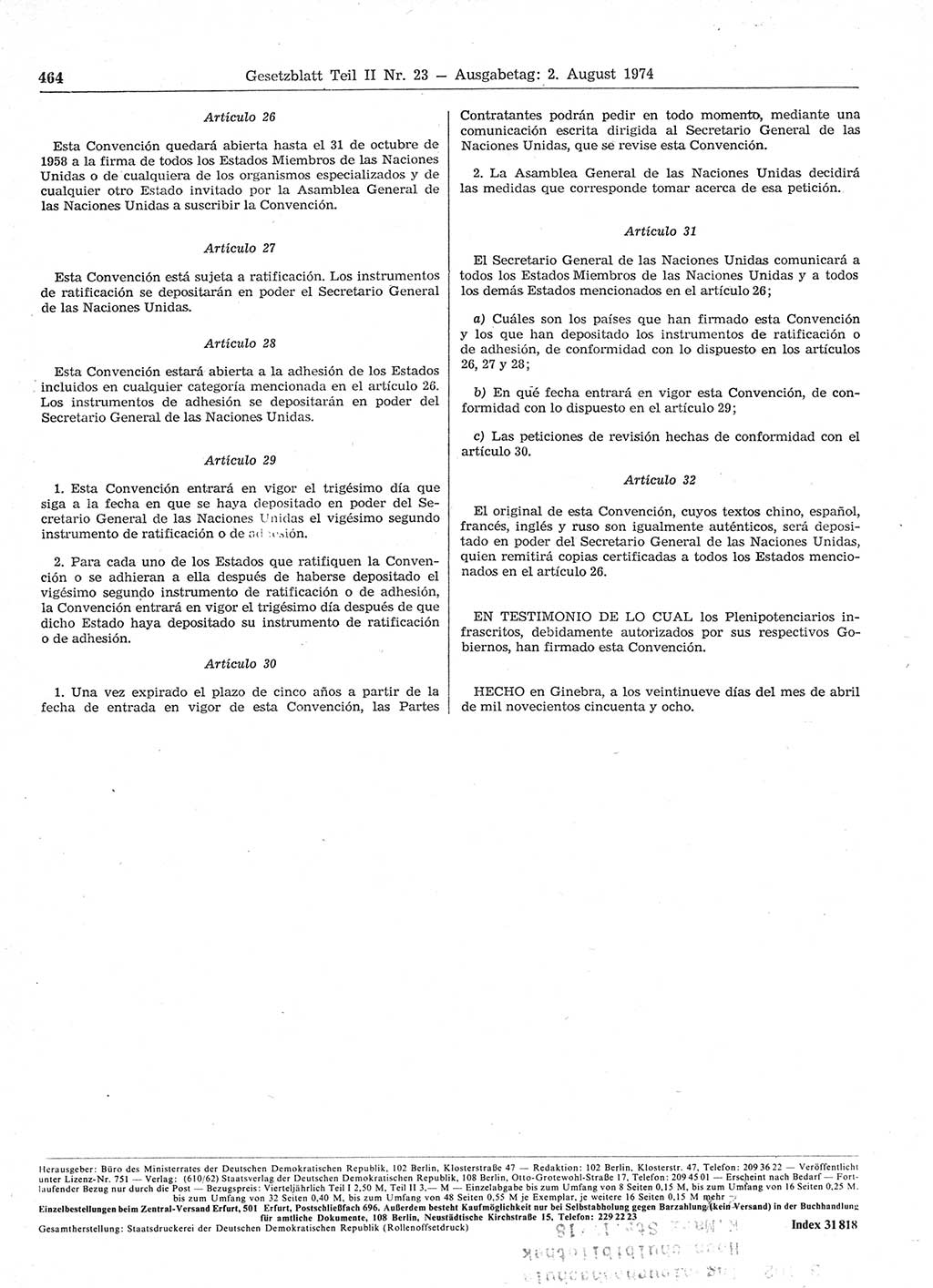 Gesetzblatt (GBl.) der Deutschen Demokratischen Republik (DDR) Teil ⅠⅠ 1974, Seite 464 (GBl. DDR ⅠⅠ 1974, S. 464)