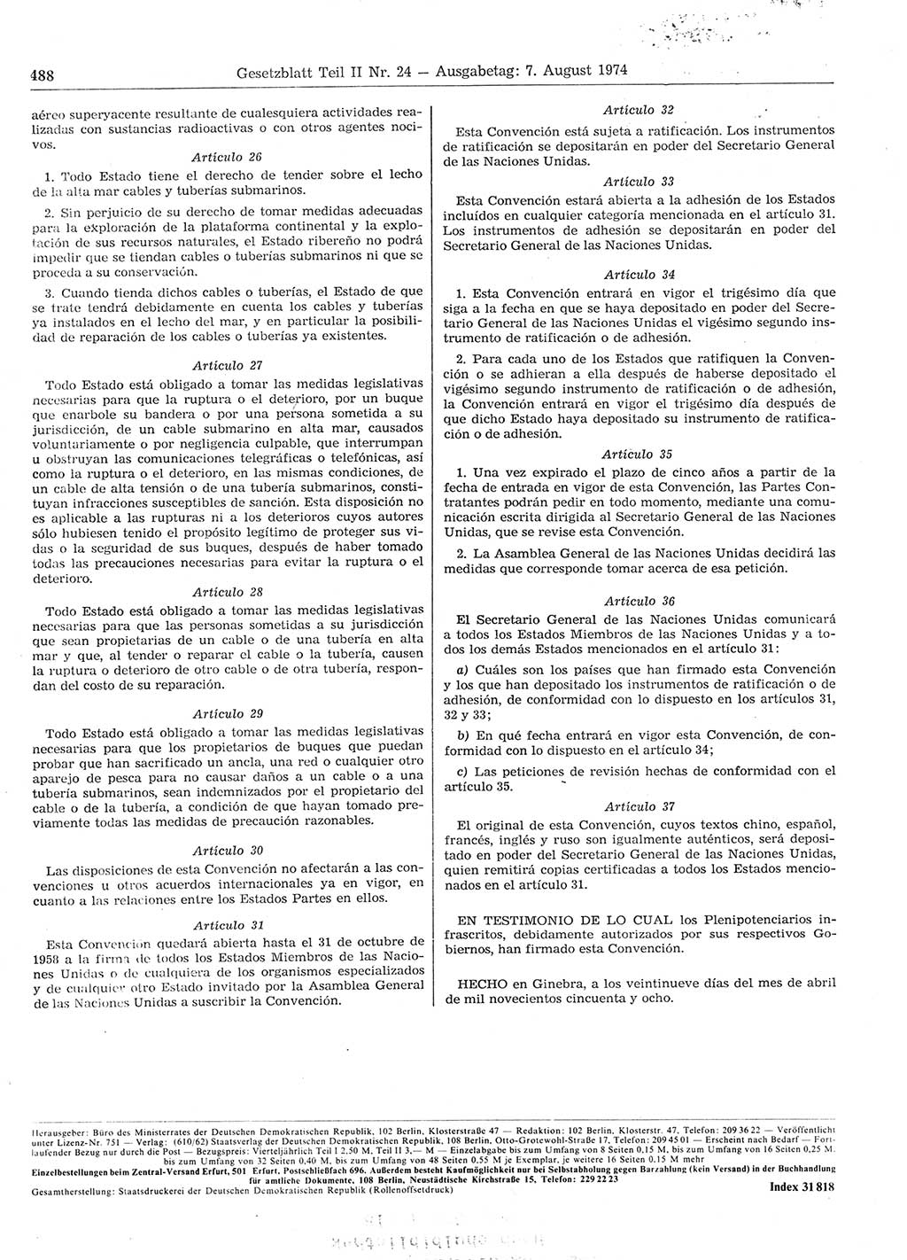 Gesetzblatt (GBl.) der Deutschen Demokratischen Republik (DDR) Teil ⅠⅠ 1974, Seite 488 (GBl. DDR ⅠⅠ 1974, S. 488)
