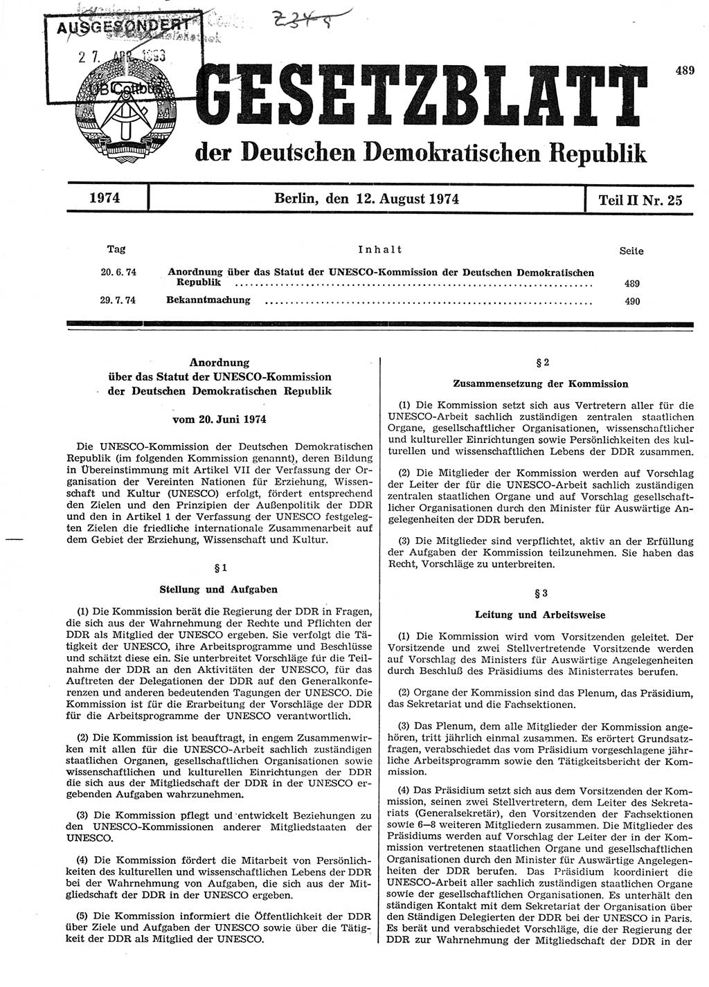 Gesetzblatt (GBl.) der Deutschen Demokratischen Republik (DDR) Teil ⅠⅠ 1974, Seite 489 (GBl. DDR ⅠⅠ 1974, S. 489)