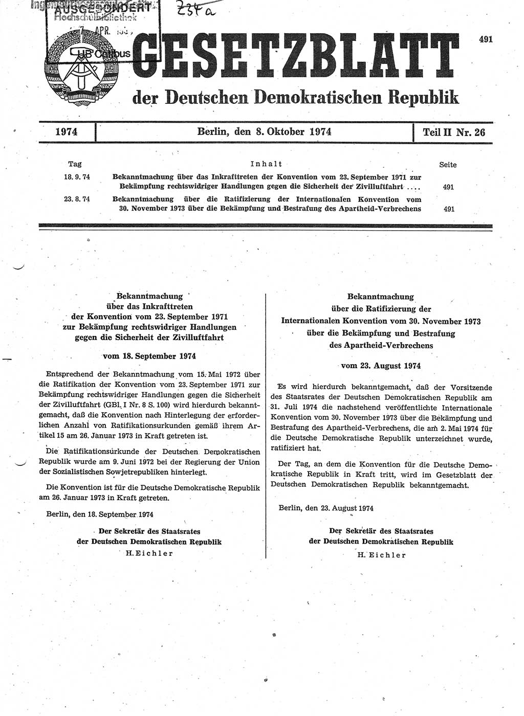 Gesetzblatt (GBl.) der Deutschen Demokratischen Republik (DDR) Teil ⅠⅠ 1974, Seite 491 (GBl. DDR ⅠⅠ 1974, S. 491)