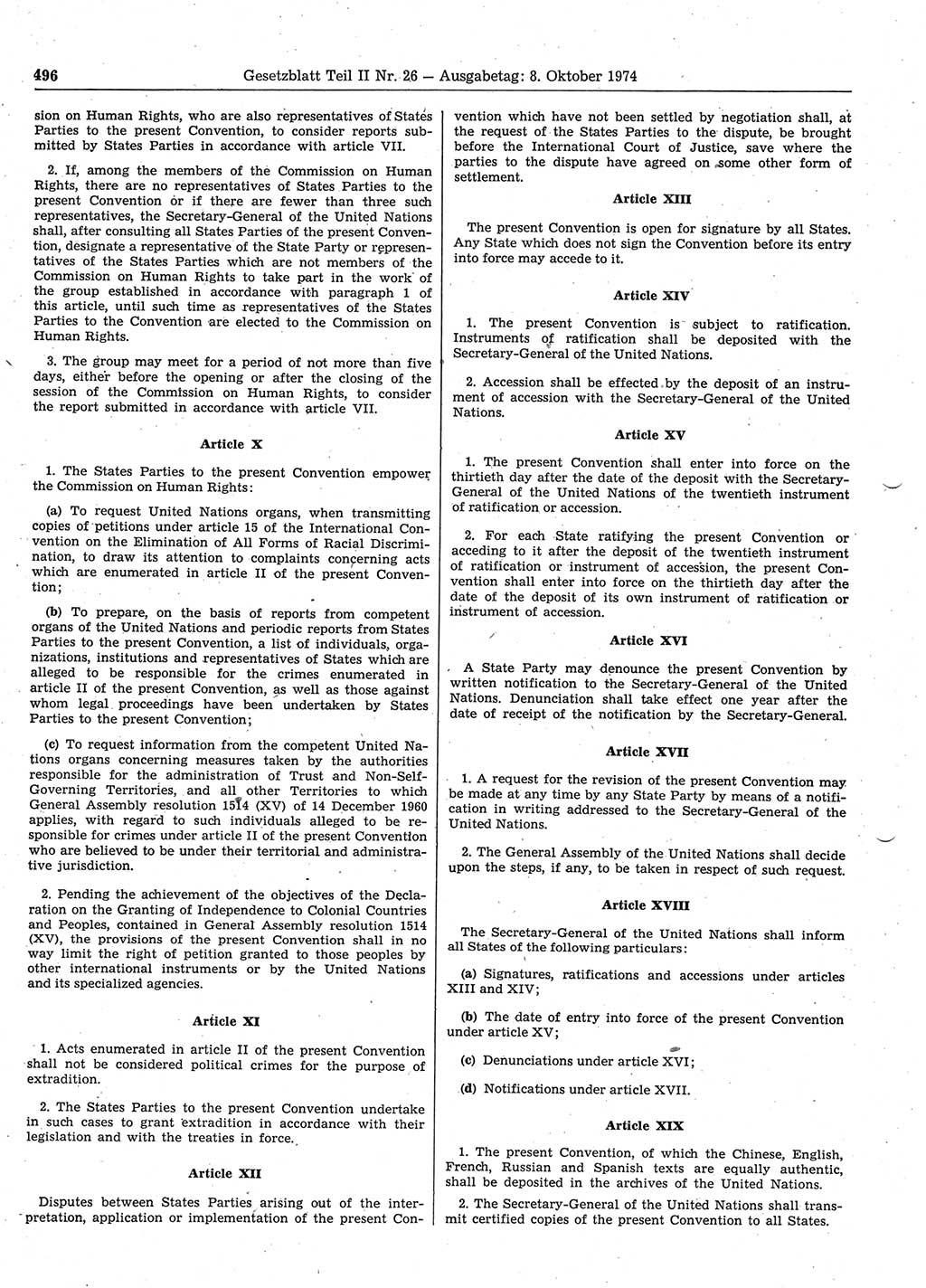 Gesetzblatt (GBl.) der Deutschen Demokratischen Republik (DDR) Teil ⅠⅠ 1974, Seite 496 (GBl. DDR ⅠⅠ 1974, S. 496)