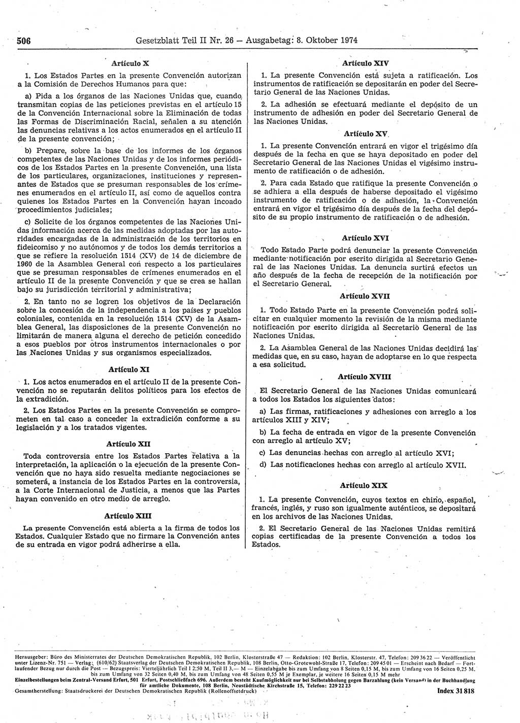 Gesetzblatt (GBl.) der Deutschen Demokratischen Republik (DDR) Teil ⅠⅠ 1974, Seite 506 (GBl. DDR ⅠⅠ 1974, S. 506)