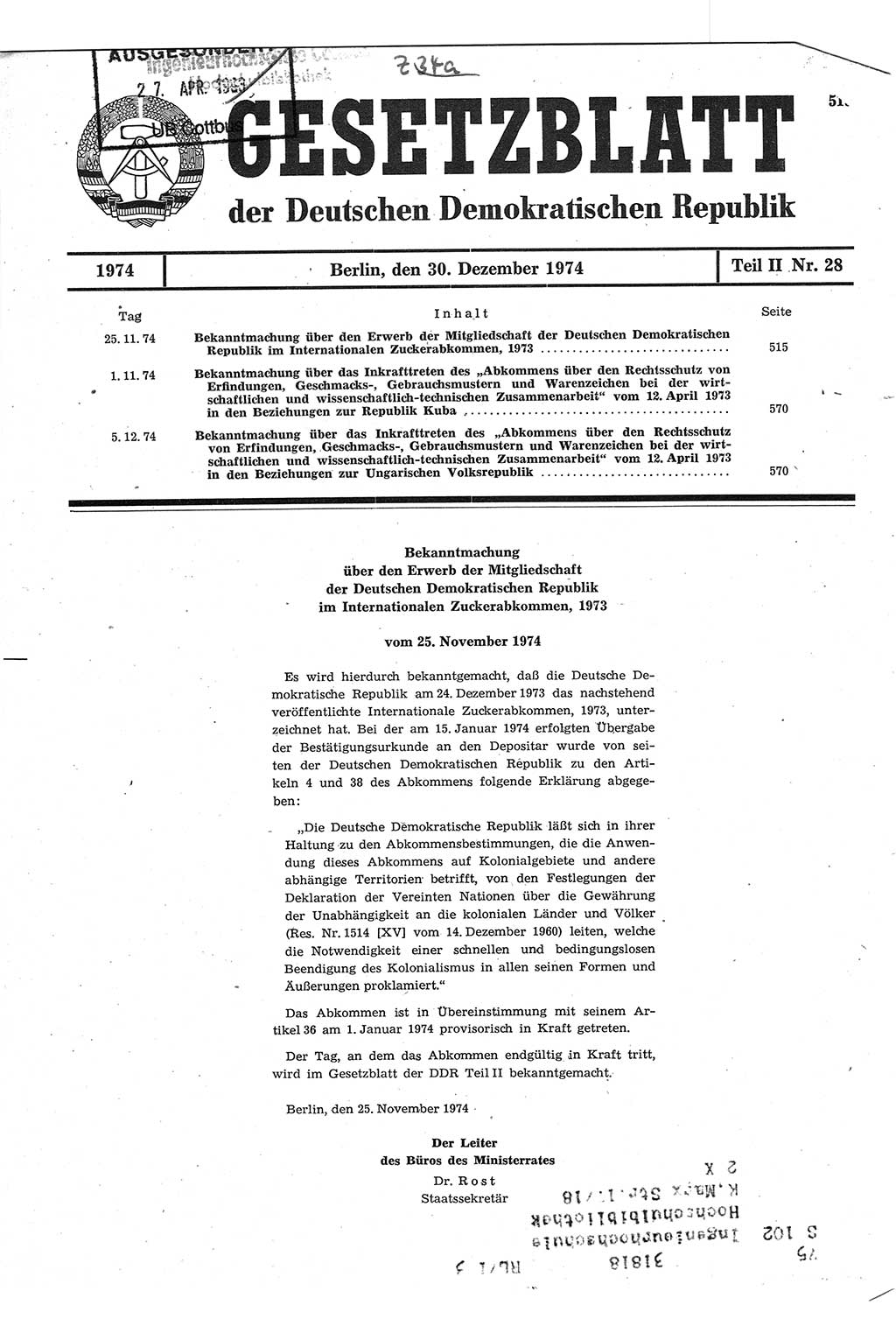 Gesetzblatt (GBl.) der Deutschen Demokratischen Republik (DDR) Teil ⅠⅠ 1974, Seite 515 (GBl. DDR ⅠⅠ 1974, S. 515)