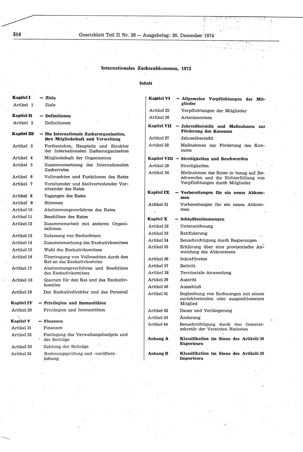 Gesetzblatt (GBl.) der Deutschen Demokratischen Republik (DDR) Teil ⅠⅠ 1974, Seite 516 (GBl. DDR ⅠⅠ 1974, S. 516)