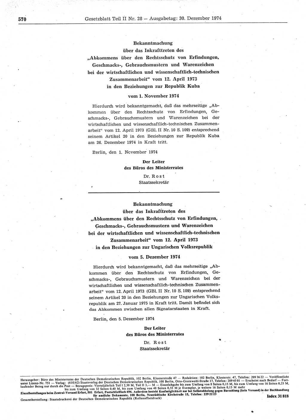 Gesetzblatt (GBl.) der Deutschen Demokratischen Republik (DDR) Teil ⅠⅠ 1974, Seite 570 (GBl. DDR ⅠⅠ 1974, S. 570)