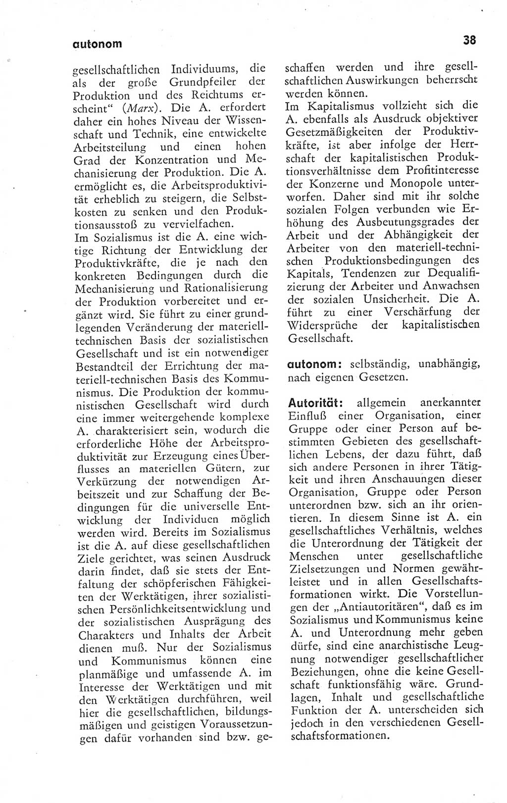 Kleines Wörterbuch der marxistisch-leninistischen Philosophie [Deutsche Demokratische Republik (DDR)] 1974, Seite 38 (Kl. Wb. ML Phil. DDR 1974, S. 38)