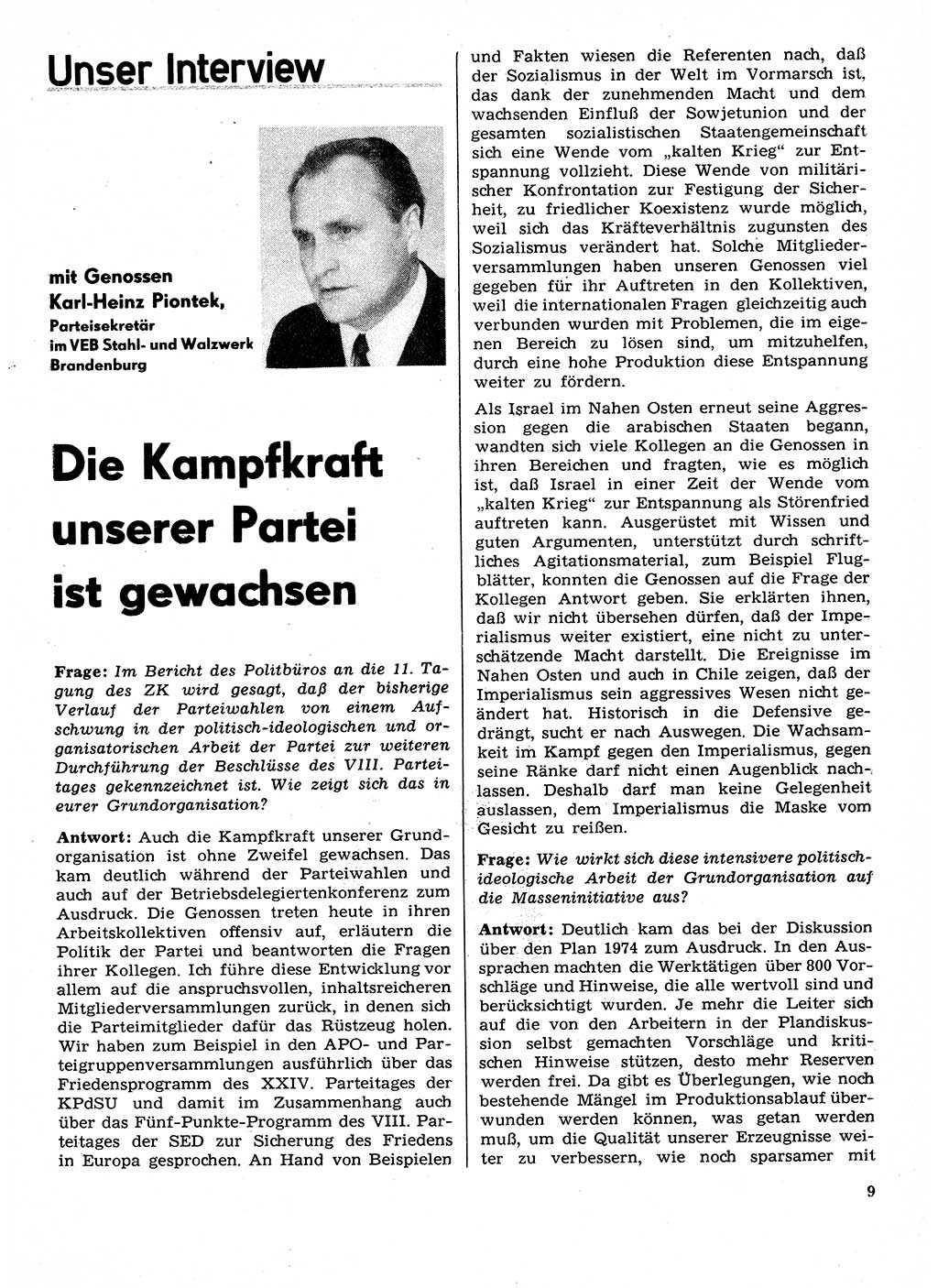 Neuer Weg (NW), Organ des Zentralkomitees (ZK) der SED (Sozialistische Einheitspartei Deutschlands) für Fragen des Parteilebens, 29. Jahrgang [Deutsche Demokratische Republik (DDR)] 1974, Seite 9 (NW ZK SED DDR 1974, S. 9)