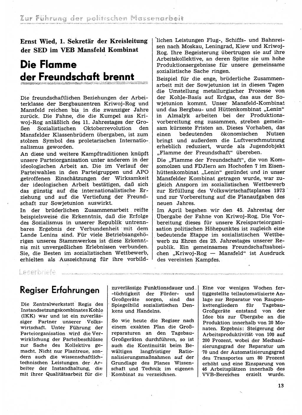 Neuer Weg (NW), Organ des Zentralkomitees (ZK) der SED (Sozialistische Einheitspartei Deutschlands) für Fragen des Parteilebens, 29. Jahrgang [Deutsche Demokratische Republik (DDR)] 1974, Seite 13 (NW ZK SED DDR 1974, S. 13)