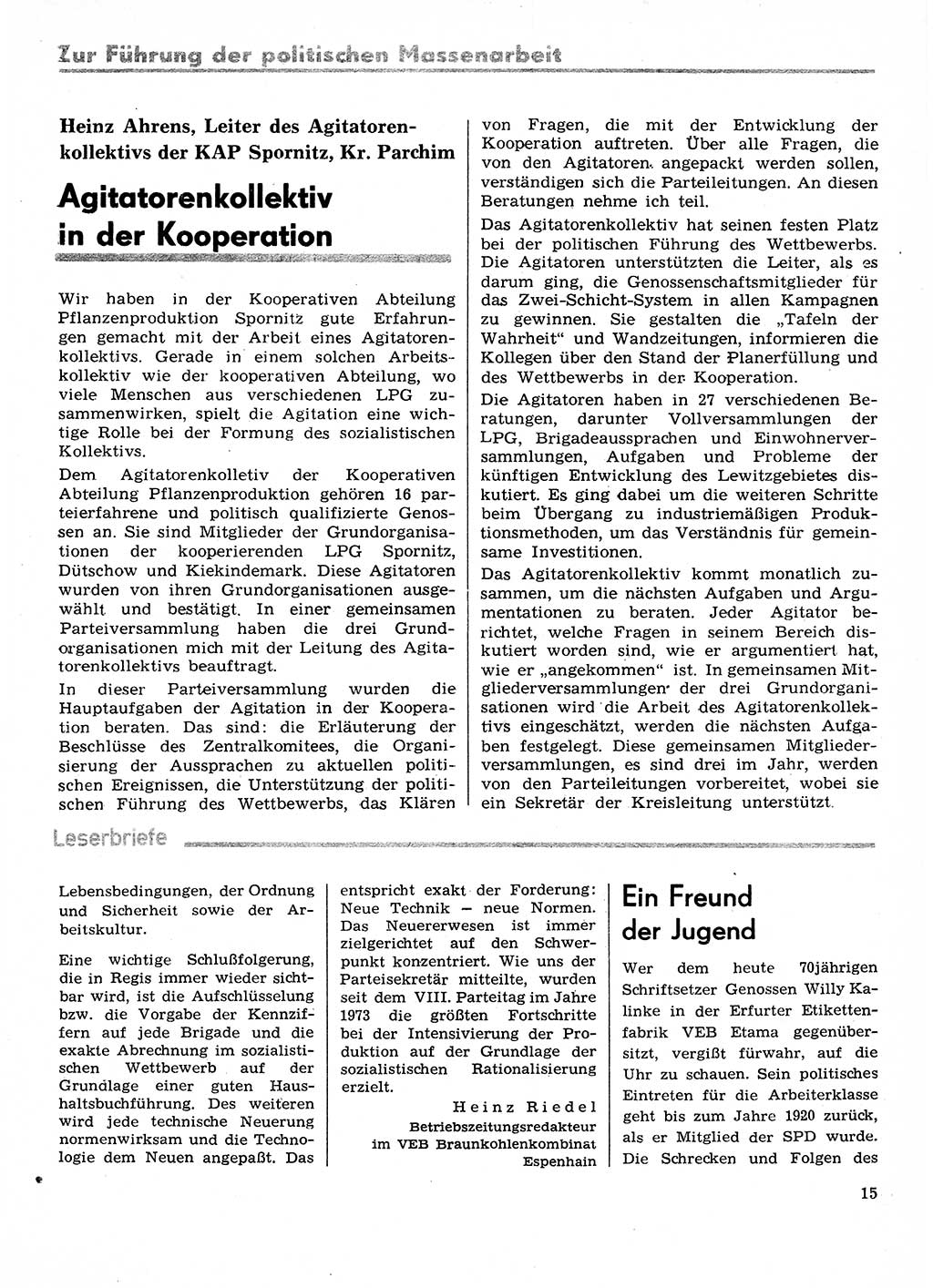 Neuer Weg (NW), Organ des Zentralkomitees (ZK) der SED (Sozialistische Einheitspartei Deutschlands) für Fragen des Parteilebens, 29. Jahrgang [Deutsche Demokratische Republik (DDR)] 1974, Seite 15 (NW ZK SED DDR 1974, S. 15)