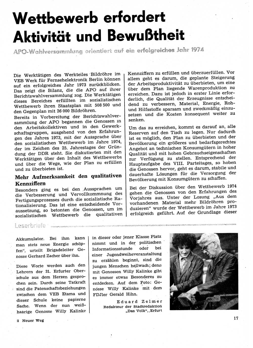 Neuer Weg (NW), Organ des Zentralkomitees (ZK) der SED (Sozialistische Einheitspartei Deutschlands) für Fragen des Parteilebens, 29. Jahrgang [Deutsche Demokratische Republik (DDR)] 1974, Seite 17 (NW ZK SED DDR 1974, S. 17)