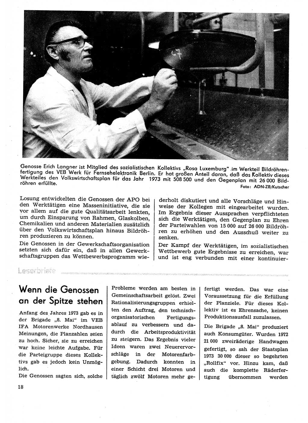 Neuer Weg (NW), Organ des Zentralkomitees (ZK) der SED (Sozialistische Einheitspartei Deutschlands) für Fragen des Parteilebens, 29. Jahrgang [Deutsche Demokratische Republik (DDR)] 1974, Seite 18 (NW ZK SED DDR 1974, S. 18)