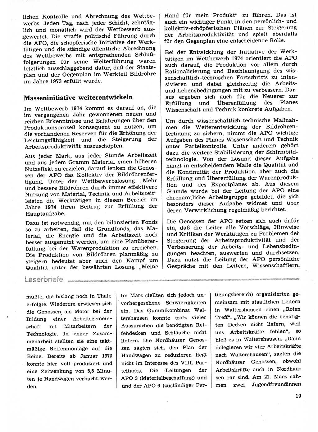 Neuer Weg (NW), Organ des Zentralkomitees (ZK) der SED (Sozialistische Einheitspartei Deutschlands) für Fragen des Parteilebens, 29. Jahrgang [Deutsche Demokratische Republik (DDR)] 1974, Seite 19 (NW ZK SED DDR 1974, S. 19)