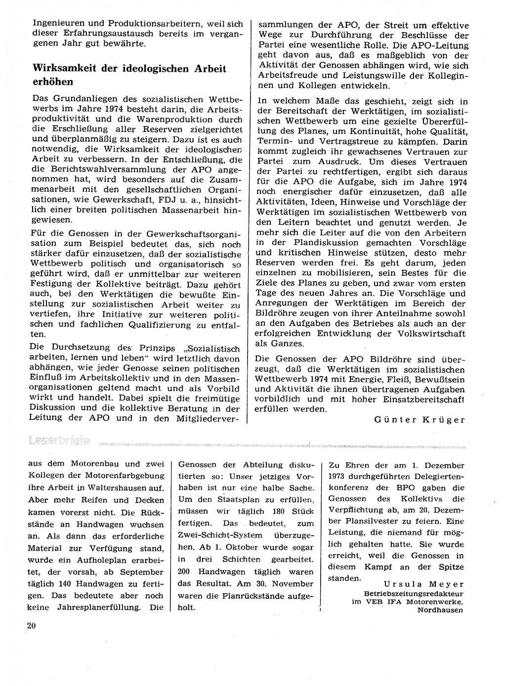 Neuer Weg (NW), Organ des Zentralkomitees (ZK) der SED (Sozialistische Einheitspartei Deutschlands) für Fragen des Parteilebens, 29. Jahrgang [Deutsche Demokratische Republik (DDR)] 1974, Seite 20 (NW ZK SED DDR 1974, S. 20)