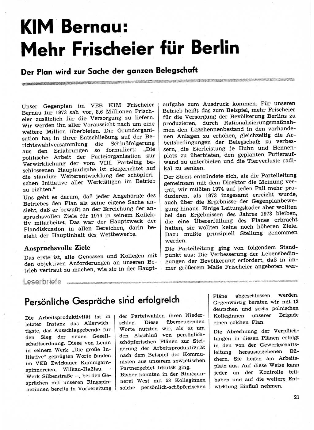Neuer Weg (NW), Organ des Zentralkomitees (ZK) der SED (Sozialistische Einheitspartei Deutschlands) für Fragen des Parteilebens, 29. Jahrgang [Deutsche Demokratische Republik (DDR)] 1974, Seite 21 (NW ZK SED DDR 1974, S. 21)