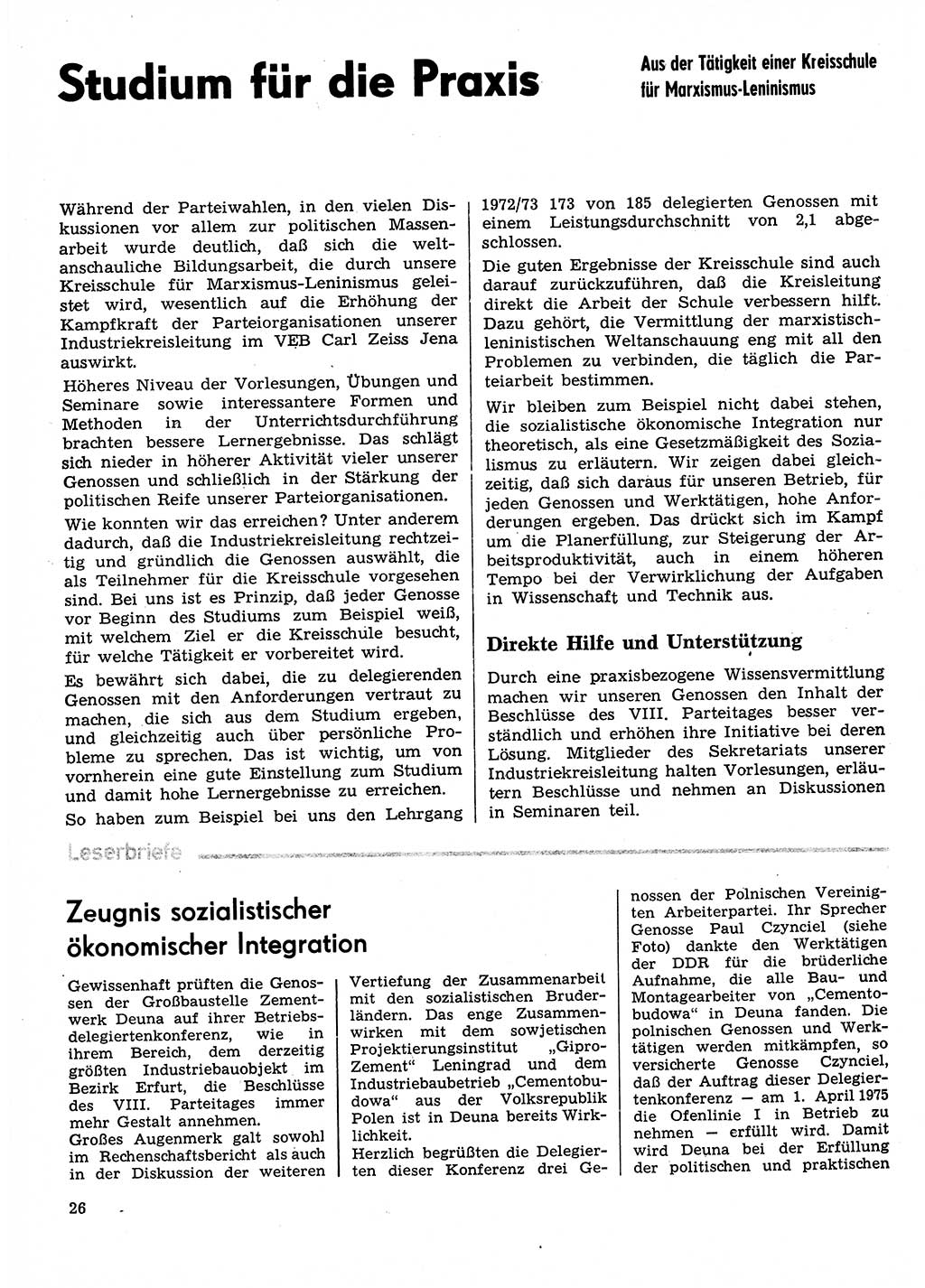 Neuer Weg (NW), Organ des Zentralkomitees (ZK) der SED (Sozialistische Einheitspartei Deutschlands) für Fragen des Parteilebens, 29. Jahrgang [Deutsche Demokratische Republik (DDR)] 1974, Seite 26 (NW ZK SED DDR 1974, S. 26)