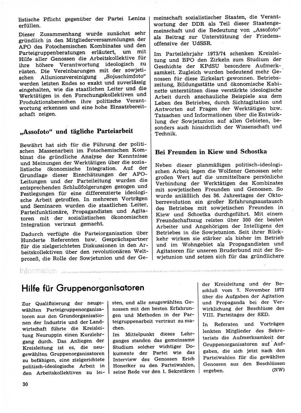 Neuer Weg (NW), Organ des Zentralkomitees (ZK) der SED (Sozialistische Einheitspartei Deutschlands) für Fragen des Parteilebens, 29. Jahrgang [Deutsche Demokratische Republik (DDR)] 1974, Seite 30 (NW ZK SED DDR 1974, S. 30)