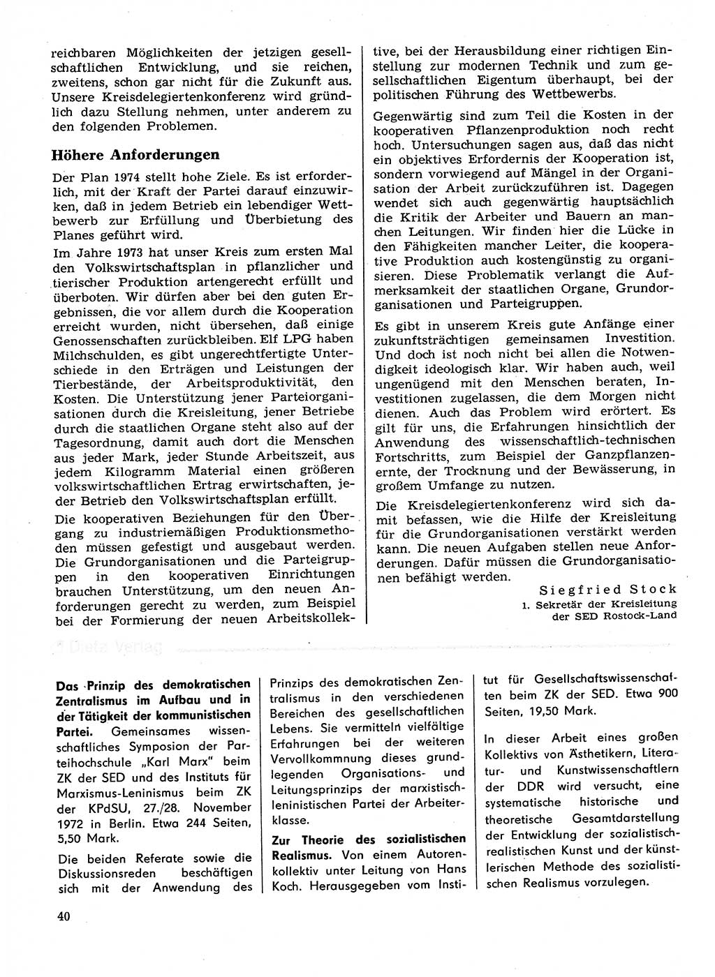 Neuer Weg (NW), Organ des Zentralkomitees (ZK) der SED (Sozialistische Einheitspartei Deutschlands) für Fragen des Parteilebens, 29. Jahrgang [Deutsche Demokratische Republik (DDR)] 1974, Seite 40 (NW ZK SED DDR 1974, S. 40)