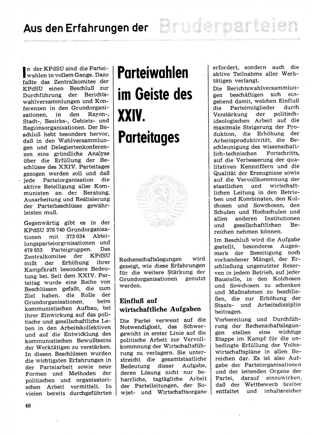 Neuer Weg (NW), Organ des Zentralkomitees (ZK) der SED (Sozialistische Einheitspartei Deutschlands) für Fragen des Parteilebens, 29. Jahrgang [Deutsche Demokratische Republik (DDR)] 1974, Seite 46 (NW ZK SED DDR 1974, S. 46)