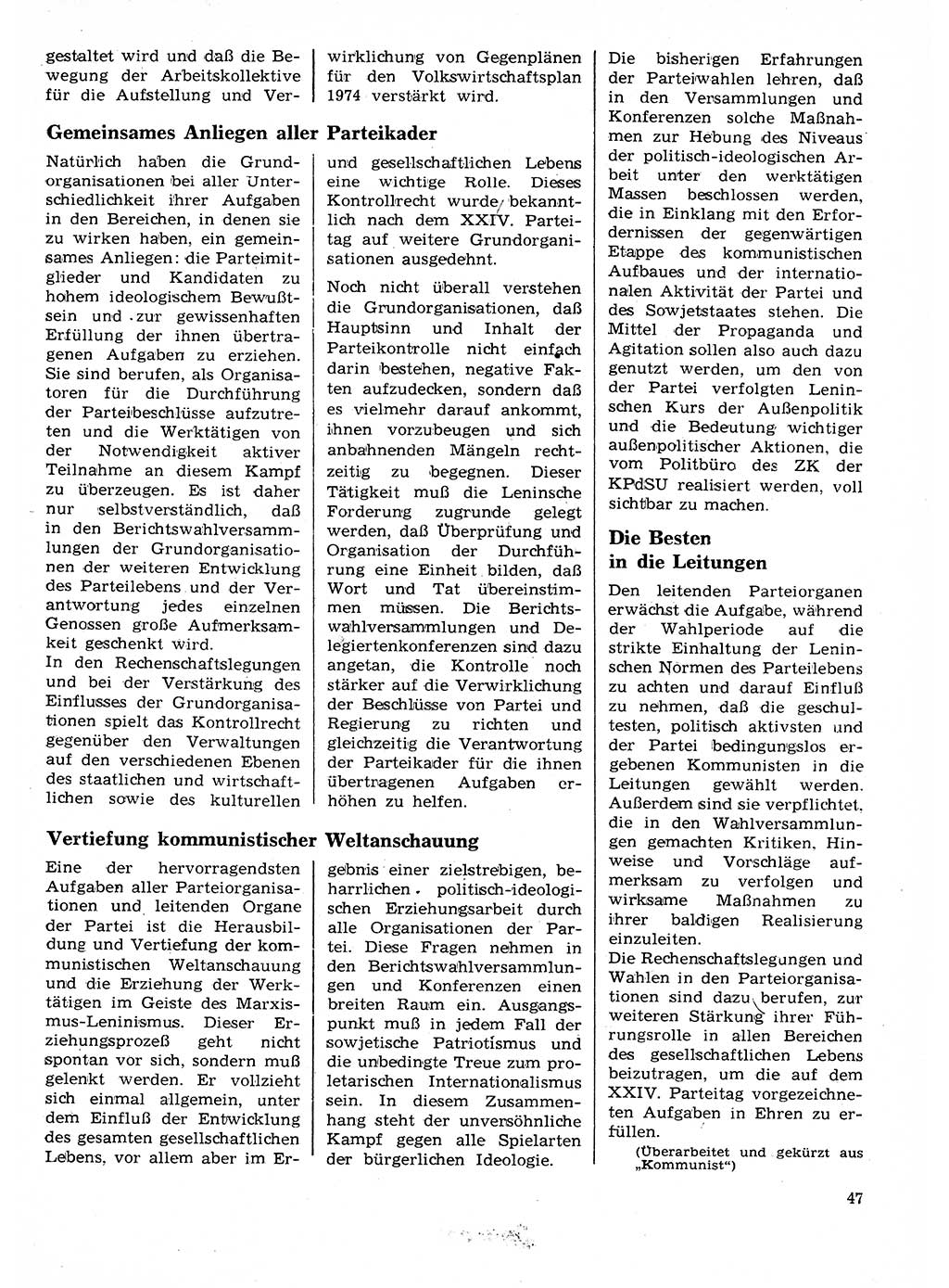 Neuer Weg (NW), Organ des Zentralkomitees (ZK) der SED (Sozialistische Einheitspartei Deutschlands) für Fragen des Parteilebens, 29. Jahrgang [Deutsche Demokratische Republik (DDR)] 1974, Seite 47 (NW ZK SED DDR 1974, S. 47)