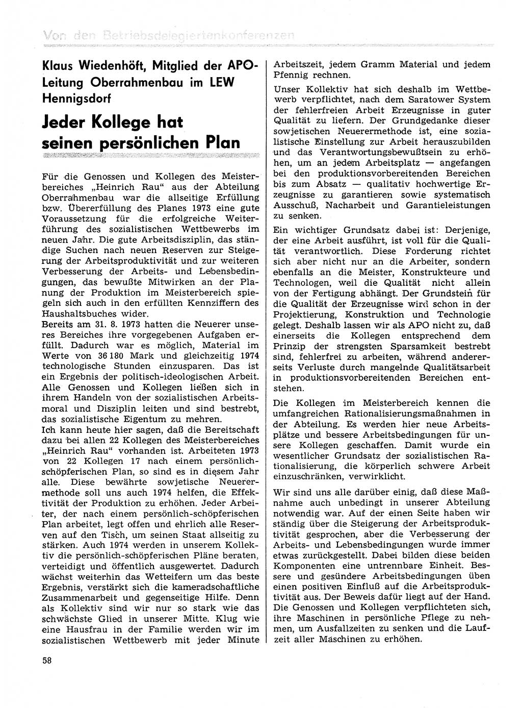 Neuer Weg (NW), Organ des Zentralkomitees (ZK) der SED (Sozialistische Einheitspartei Deutschlands) für Fragen des Parteilebens, 29. Jahrgang [Deutsche Demokratische Republik (DDR)] 1974, Seite 58 (NW ZK SED DDR 1974, S. 58)