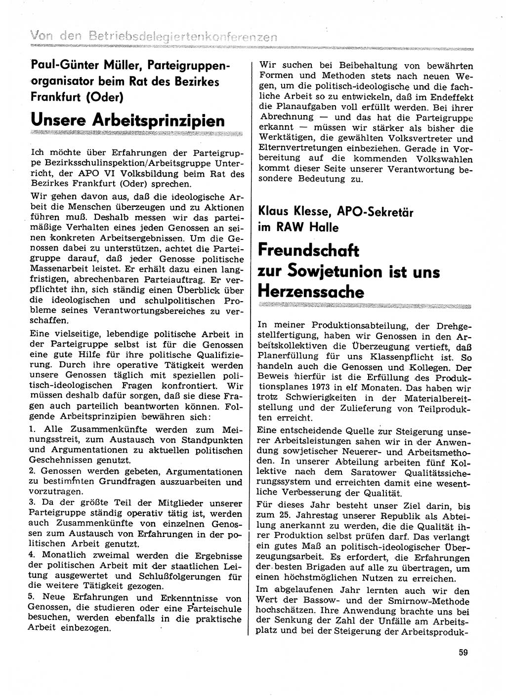 Neuer Weg (NW), Organ des Zentralkomitees (ZK) der SED (Sozialistische Einheitspartei Deutschlands) für Fragen des Parteilebens, 29. Jahrgang [Deutsche Demokratische Republik (DDR)] 1974, Seite 59 (NW ZK SED DDR 1974, S. 59)