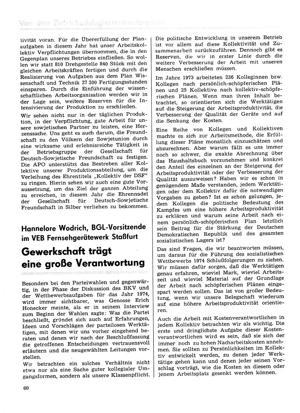 Neuer Weg (NW), Organ des Zentralkomitees (ZK) der SED (Sozialistische Einheitspartei Deutschlands) für Fragen des Parteilebens, 29. Jahrgang [Deutsche Demokratische Republik (DDR)] 1974, Seite 60 (NW ZK SED DDR 1974, S. 60)