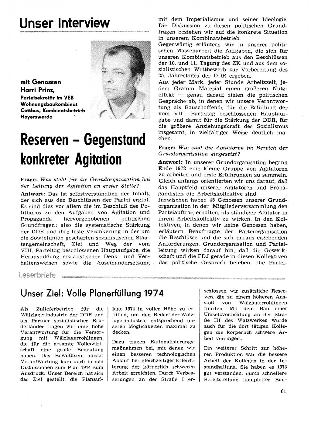 Neuer Weg (NW), Organ des Zentralkomitees (ZK) der SED (Sozialistische Einheitspartei Deutschlands) für Fragen des Parteilebens, 29. Jahrgang [Deutsche Demokratische Republik (DDR)] 1974, Seite 61 (NW ZK SED DDR 1974, S. 61)