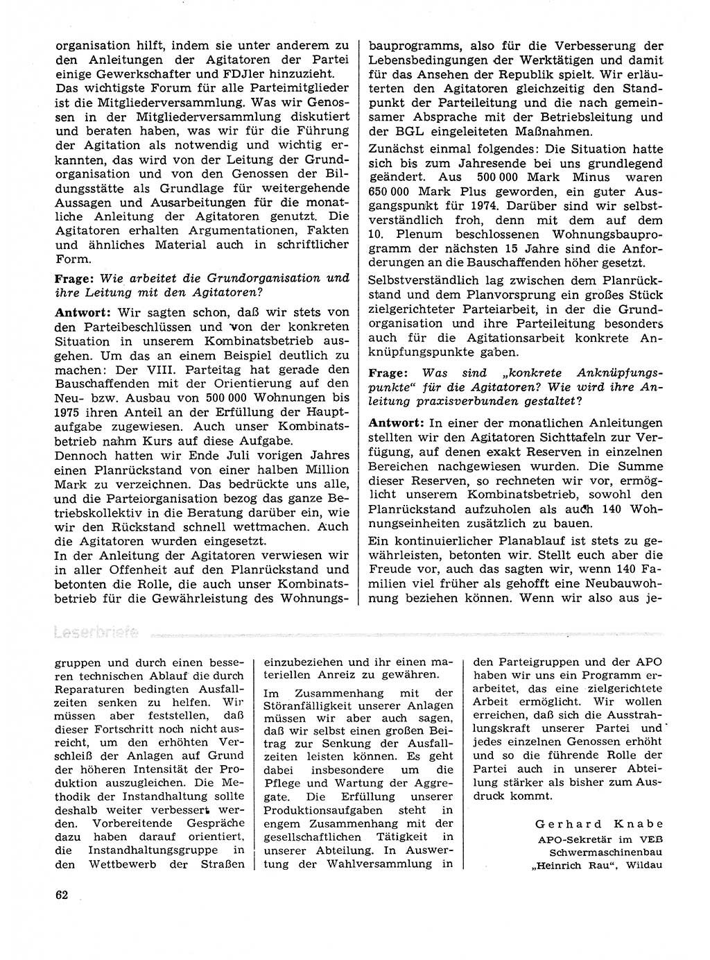 Neuer Weg (NW), Organ des Zentralkomitees (ZK) der SED (Sozialistische Einheitspartei Deutschlands) für Fragen des Parteilebens, 29. Jahrgang [Deutsche Demokratische Republik (DDR)] 1974, Seite 62 (NW ZK SED DDR 1974, S. 62)