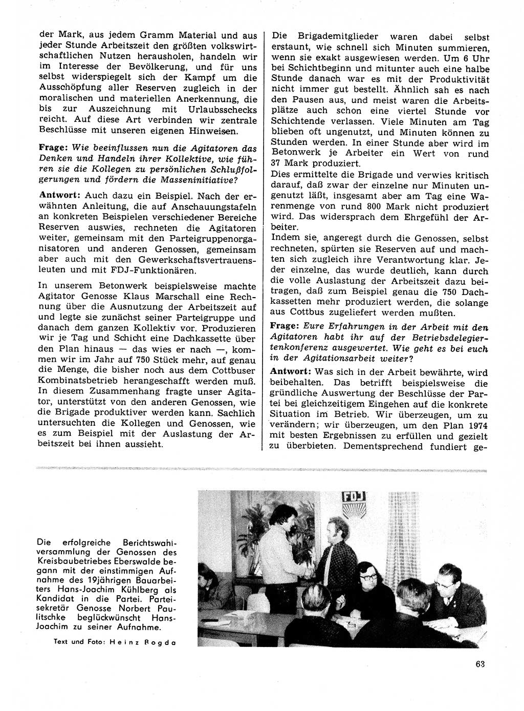 Neuer Weg (NW), Organ des Zentralkomitees (ZK) der SED (Sozialistische Einheitspartei Deutschlands) für Fragen des Parteilebens, 29. Jahrgang [Deutsche Demokratische Republik (DDR)] 1974, Seite 63 (NW ZK SED DDR 1974, S. 63)
