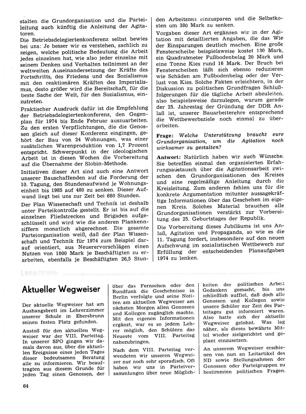 Neuer Weg (NW), Organ des Zentralkomitees (ZK) der SED (Sozialistische Einheitspartei Deutschlands) für Fragen des Parteilebens, 29. Jahrgang [Deutsche Demokratische Republik (DDR)] 1974, Seite 64 (NW ZK SED DDR 1974, S. 64)