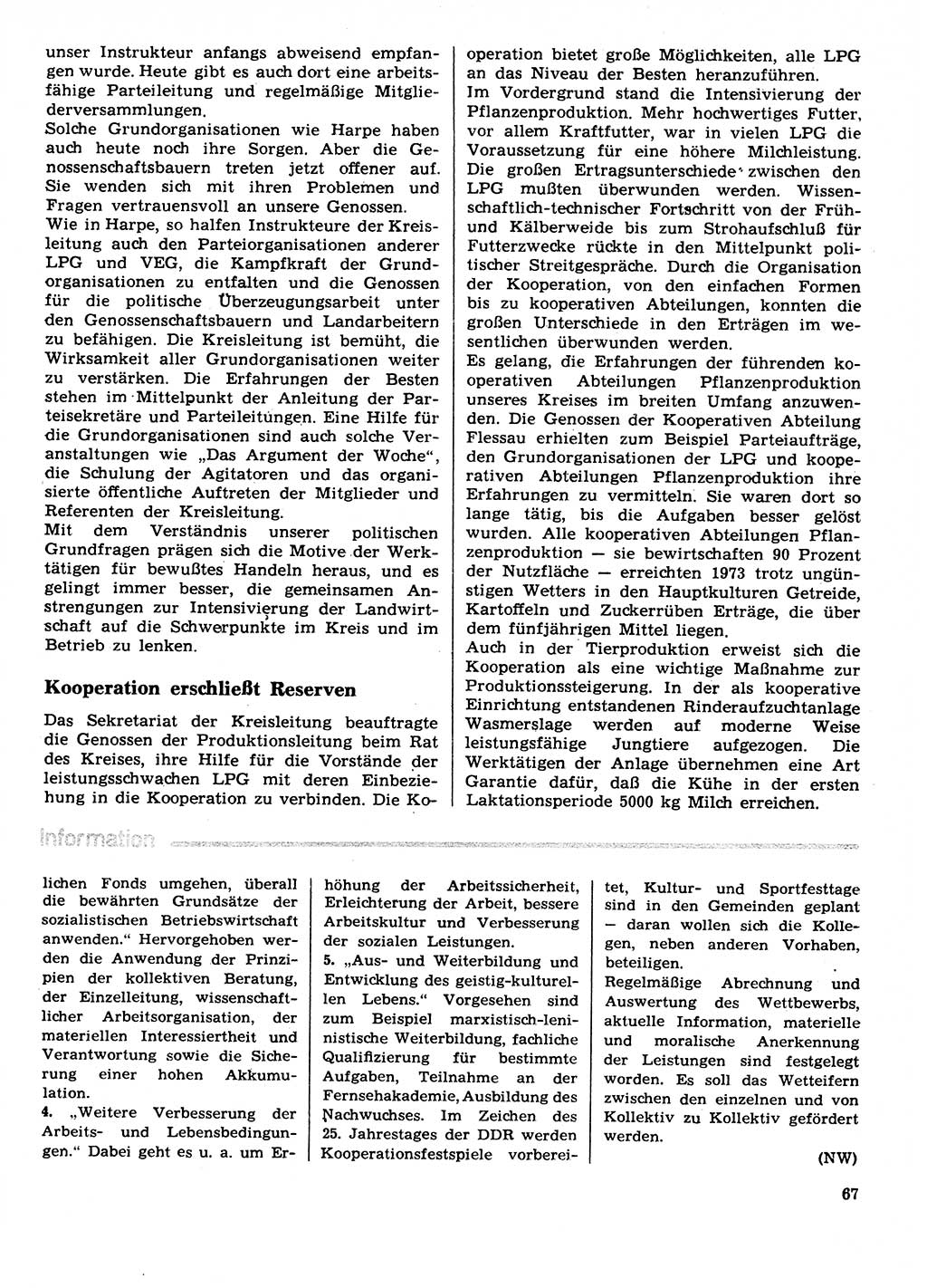Neuer Weg (NW), Organ des Zentralkomitees (ZK) der SED (Sozialistische Einheitspartei Deutschlands) für Fragen des Parteilebens, 29. Jahrgang [Deutsche Demokratische Republik (DDR)] 1974, Seite 67 (NW ZK SED DDR 1974, S. 67)