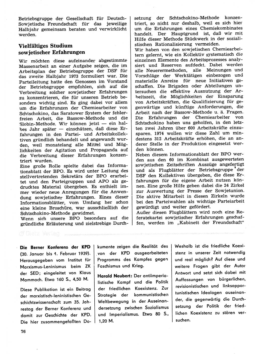 Neuer Weg (NW), Organ des Zentralkomitees (ZK) der SED (Sozialistische Einheitspartei Deutschlands) für Fragen des Parteilebens, 29. Jahrgang [Deutsche Demokratische Republik (DDR)] 1974, Seite 76 (NW ZK SED DDR 1974, S. 76)