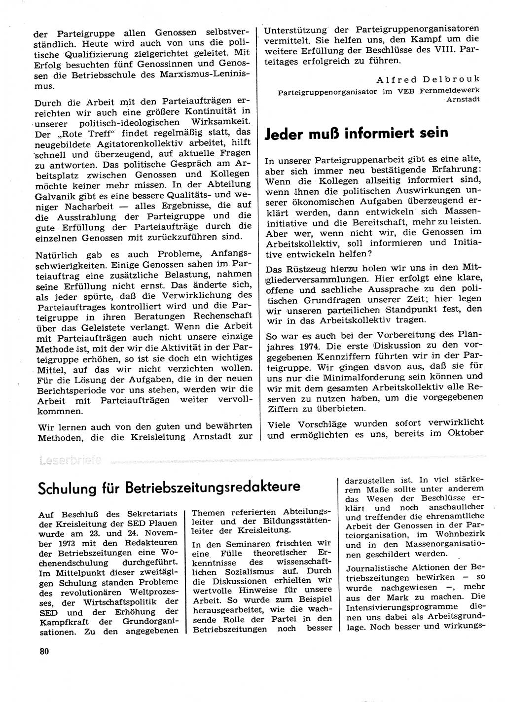 Neuer Weg (NW), Organ des Zentralkomitees (ZK) der SED (Sozialistische Einheitspartei Deutschlands) für Fragen des Parteilebens, 29. Jahrgang [Deutsche Demokratische Republik (DDR)] 1974, Seite 80 (NW ZK SED DDR 1974, S. 80)