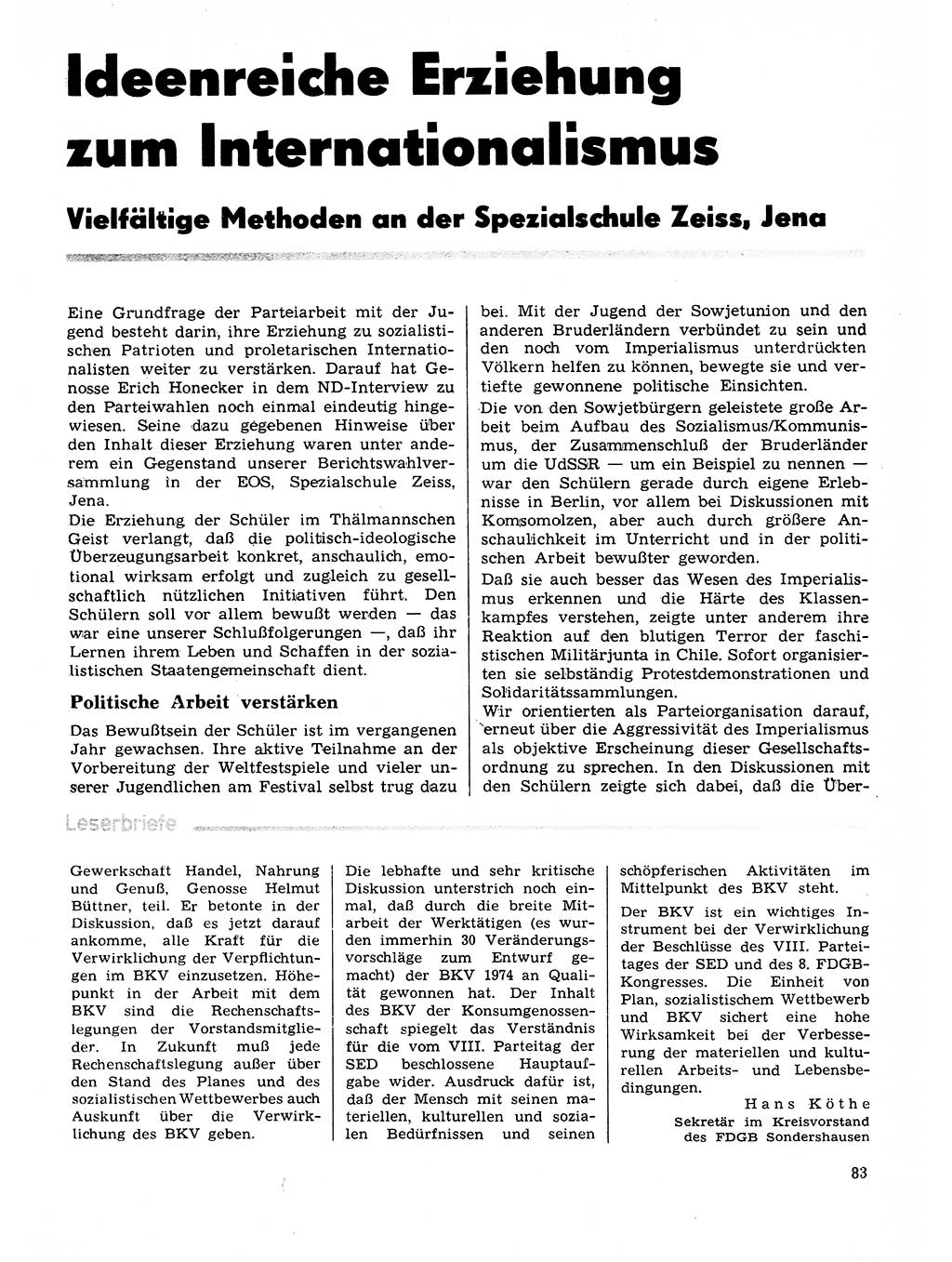 Neuer Weg (NW), Organ des Zentralkomitees (ZK) der SED (Sozialistische Einheitspartei Deutschlands) für Fragen des Parteilebens, 29. Jahrgang [Deutsche Demokratische Republik (DDR)] 1974, Seite 83 (NW ZK SED DDR 1974, S. 83)