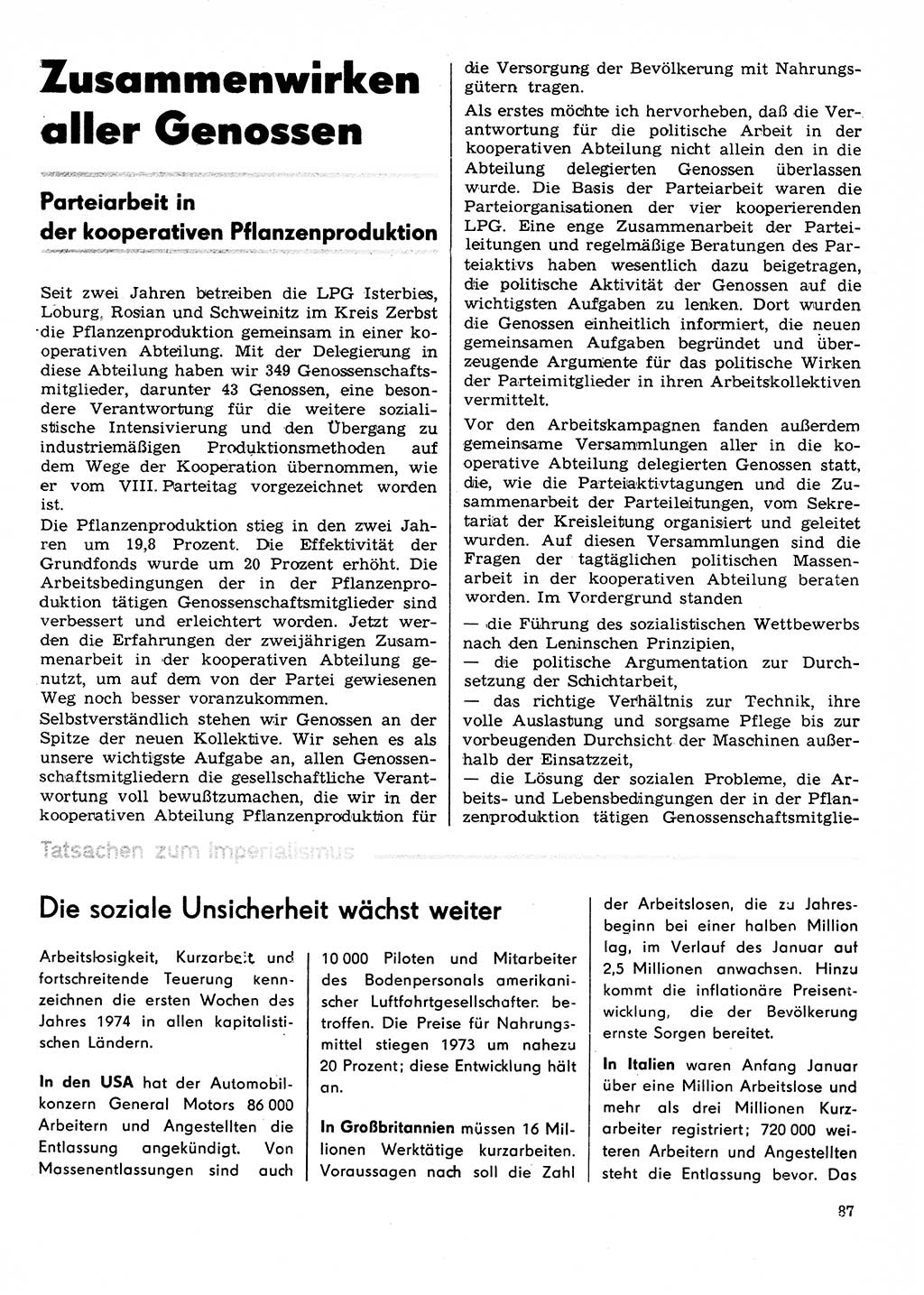 Neuer Weg (NW), Organ des Zentralkomitees (ZK) der SED (Sozialistische Einheitspartei Deutschlands) für Fragen des Parteilebens, 29. Jahrgang [Deutsche Demokratische Republik (DDR)] 1974, Seite 87 (NW ZK SED DDR 1974, S. 87)