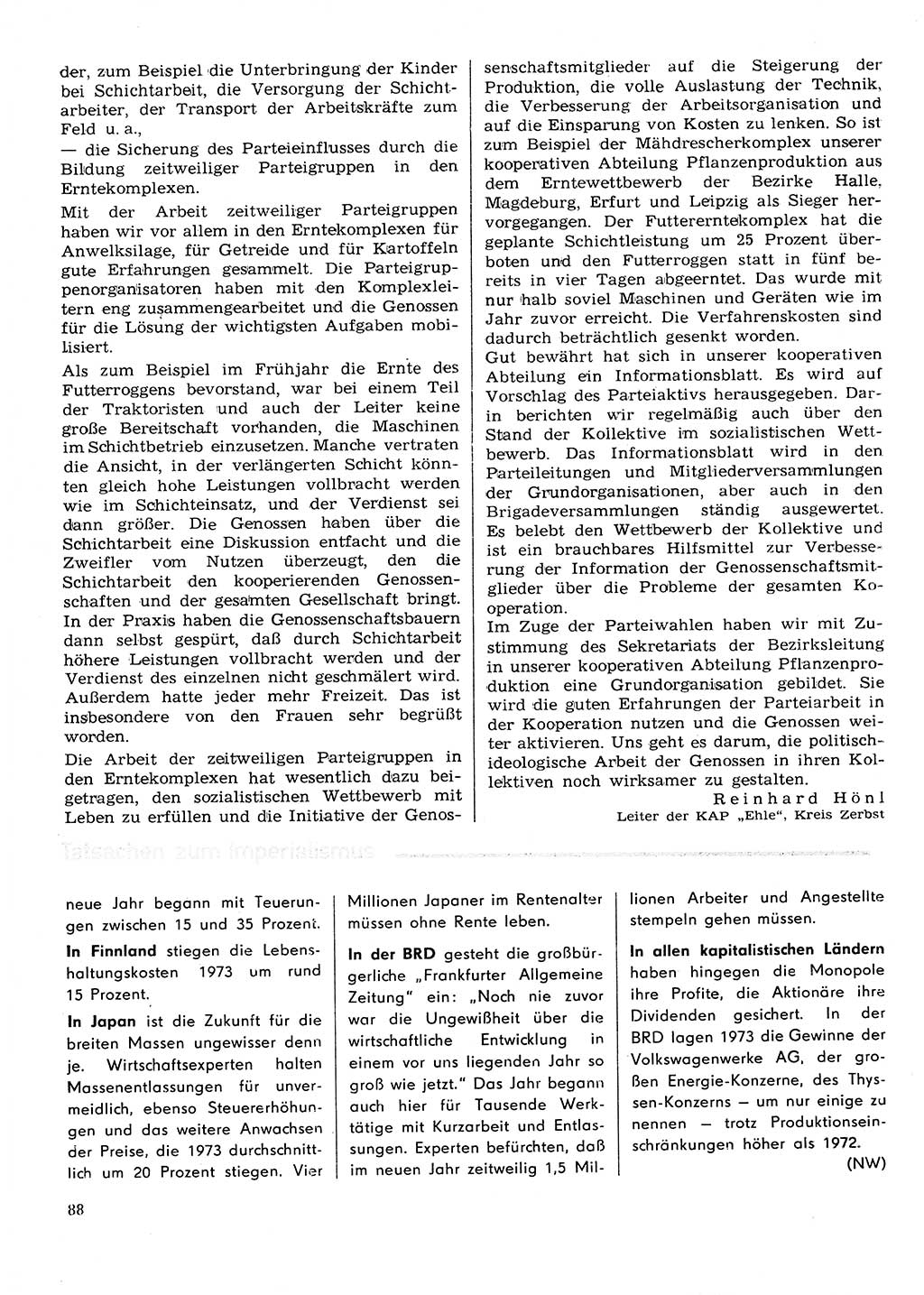 Neuer Weg (NW), Organ des Zentralkomitees (ZK) der SED (Sozialistische Einheitspartei Deutschlands) für Fragen des Parteilebens, 29. Jahrgang [Deutsche Demokratische Republik (DDR)] 1974, Seite 88 (NW ZK SED DDR 1974, S. 88)