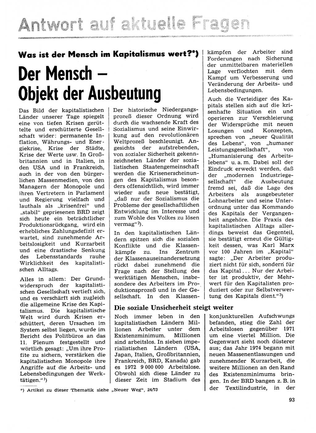 Neuer Weg (NW), Organ des Zentralkomitees (ZK) der SED (Sozialistische Einheitspartei Deutschlands) für Fragen des Parteilebens, 29. Jahrgang [Deutsche Demokratische Republik (DDR)] 1974, Seite 93 (NW ZK SED DDR 1974, S. 93)
